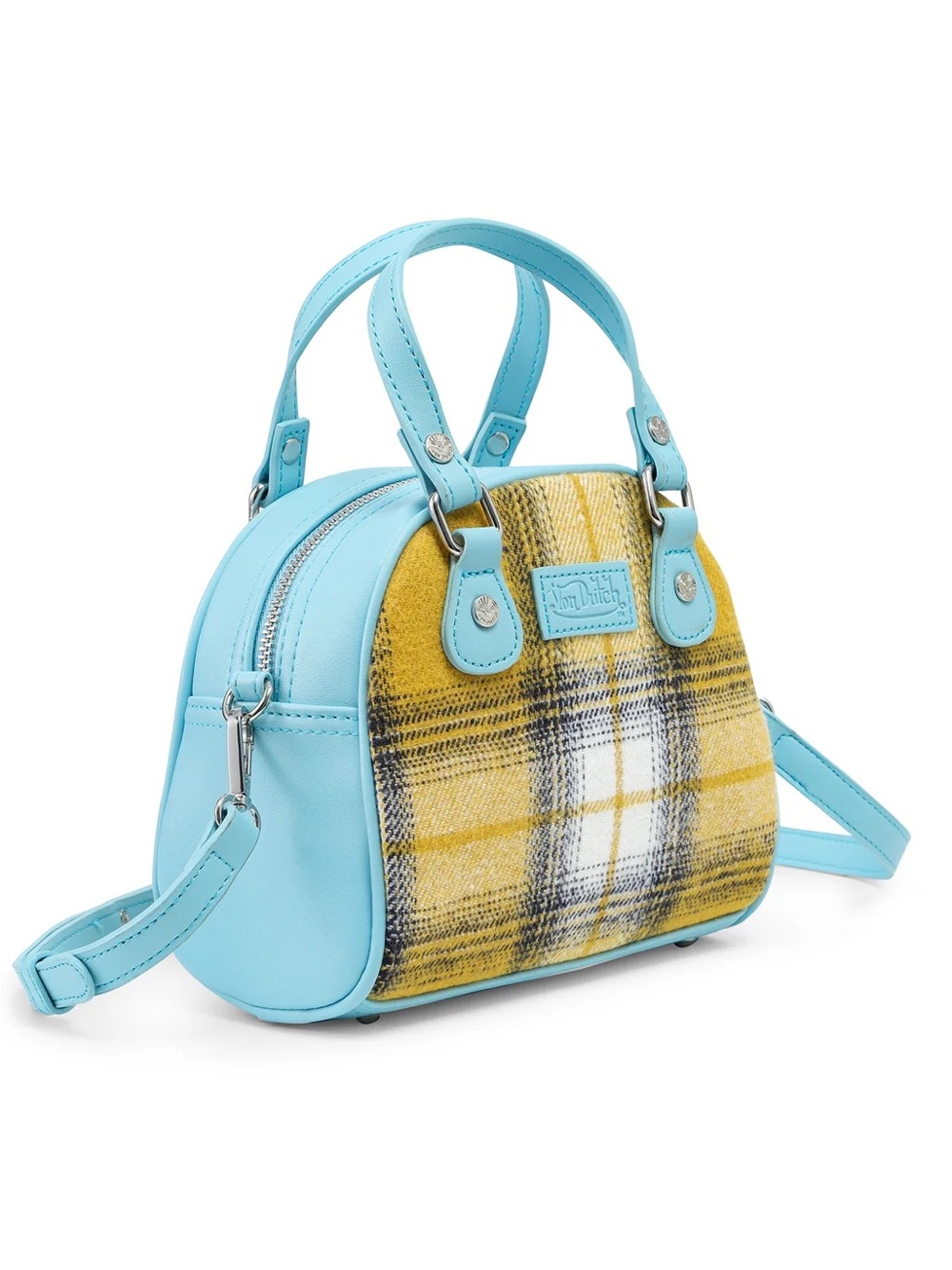 Von Dutch Yellow Plaid Mini Satchel with Light Blue Trim - Picture 8 of 9